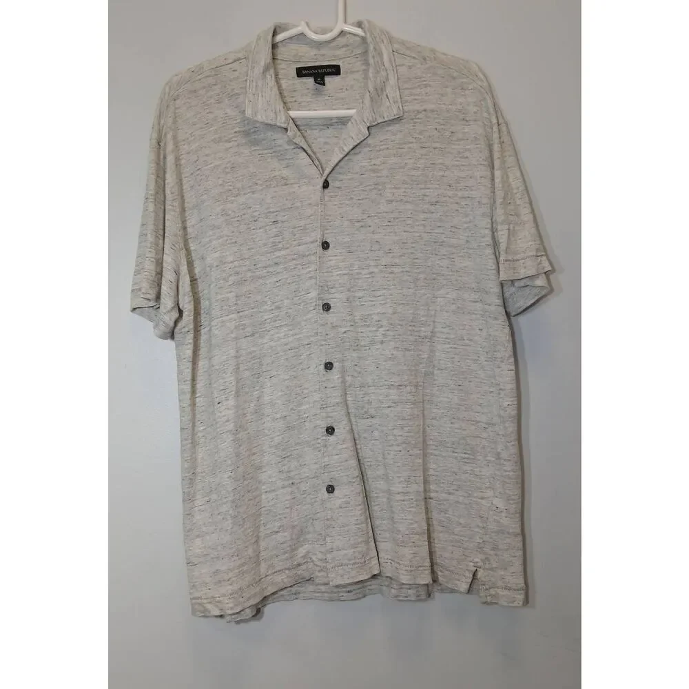 Banana republic mens medium 100% linen knit stretch gray shirt shortsleeve